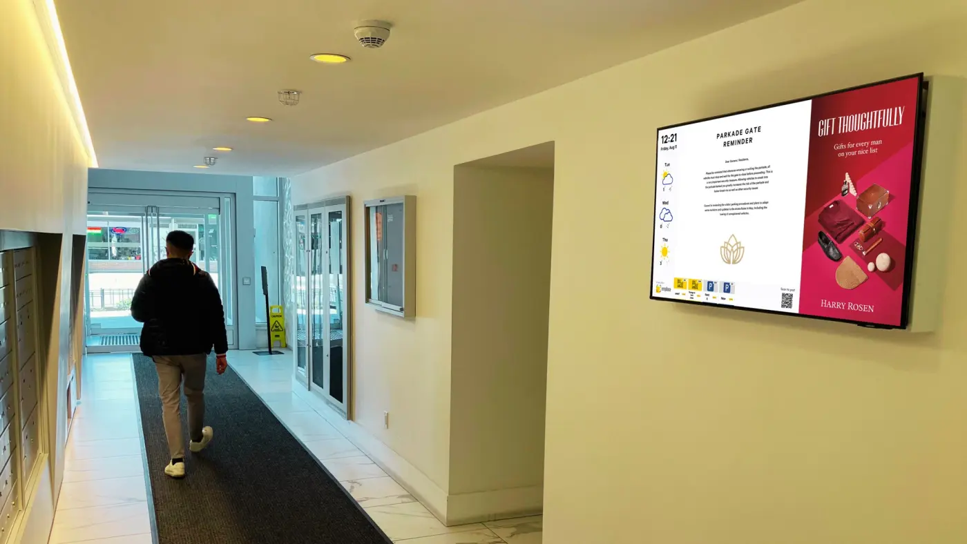 Emplace screen in a marble residential lobby