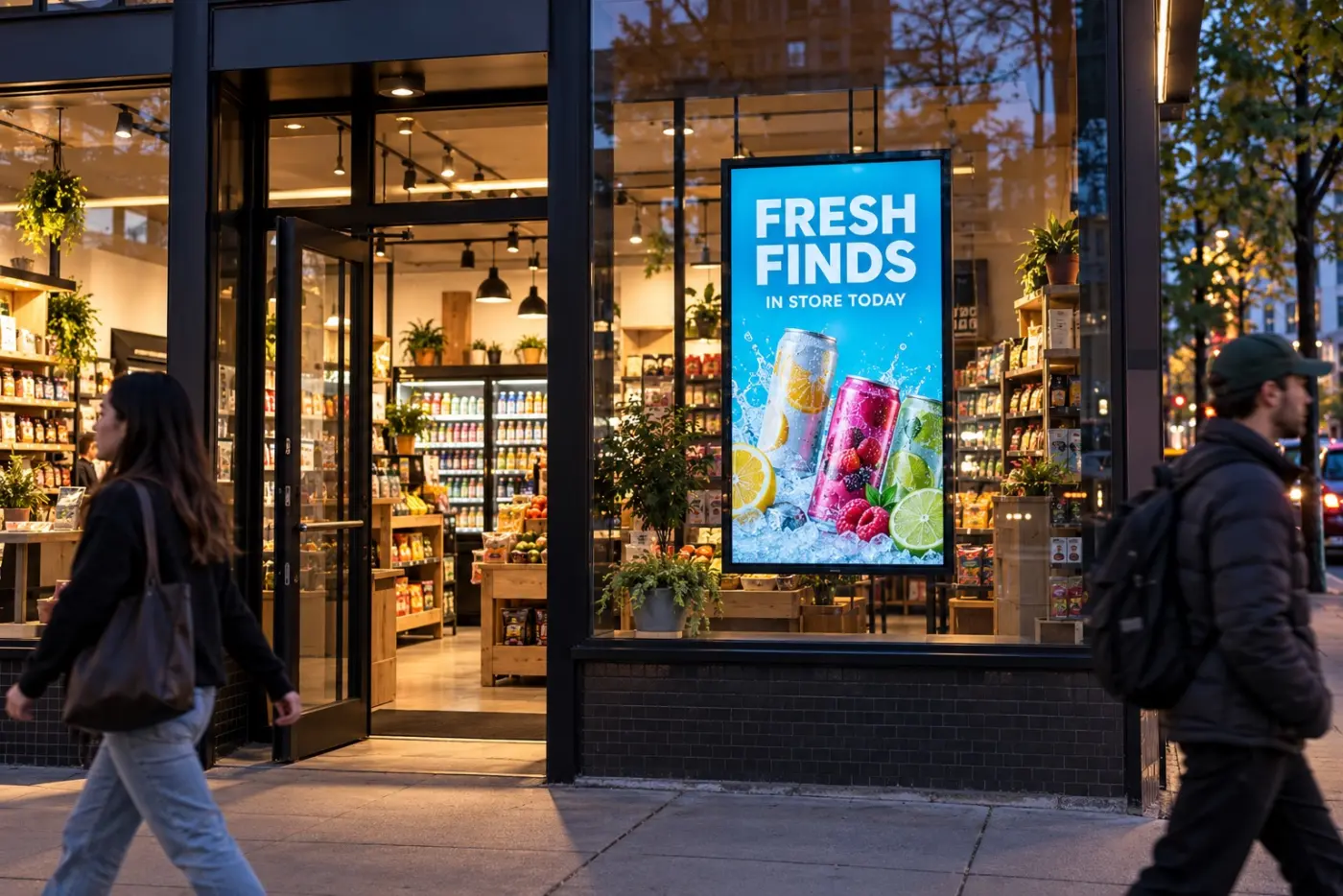 Emplace screen in a retail storefront window showing Mentos ad
